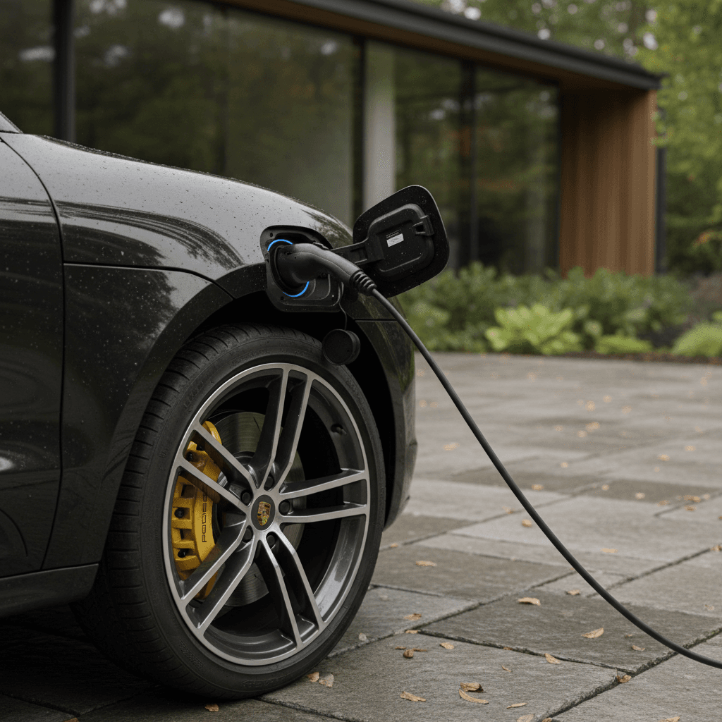 Porsche Macan Electric plugged in at a home charging station, showing charging port and wheel detail