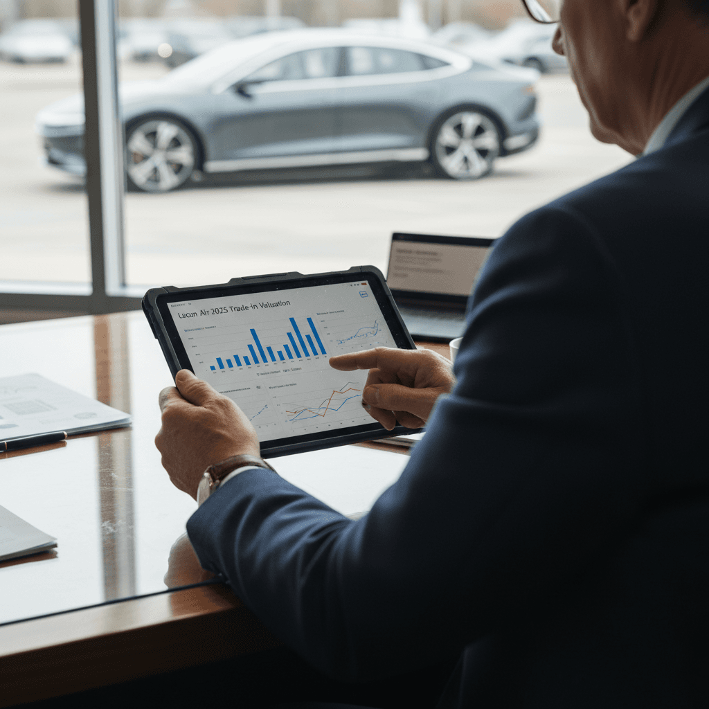 Owner and salesperson reviewing a Lucid Air trade-in offer with charts and graphs on a tablet at a dealership desk