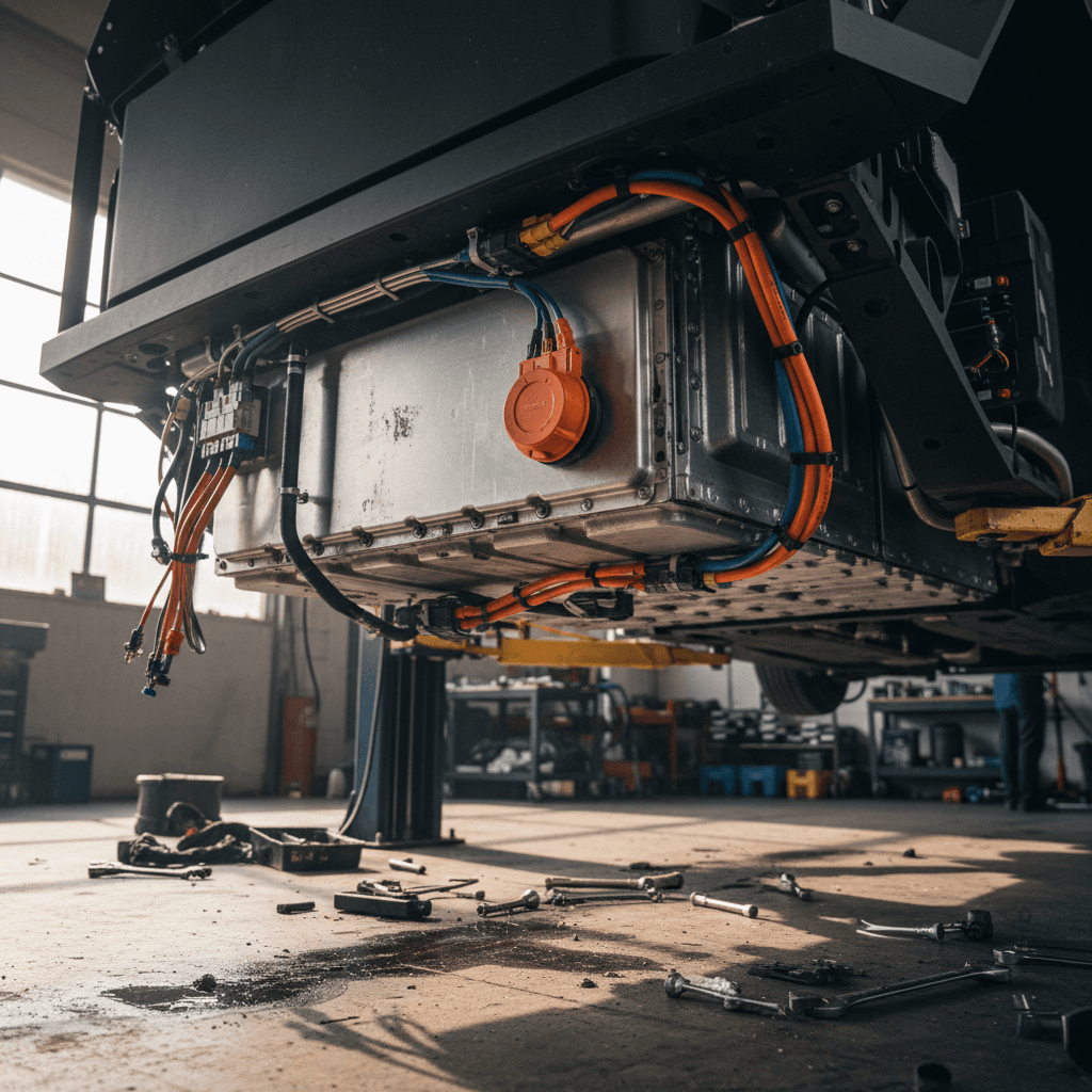 Technician inspecting a large electric pickup truck battery pack on a lift, evaluating high-voltage modules and cabling