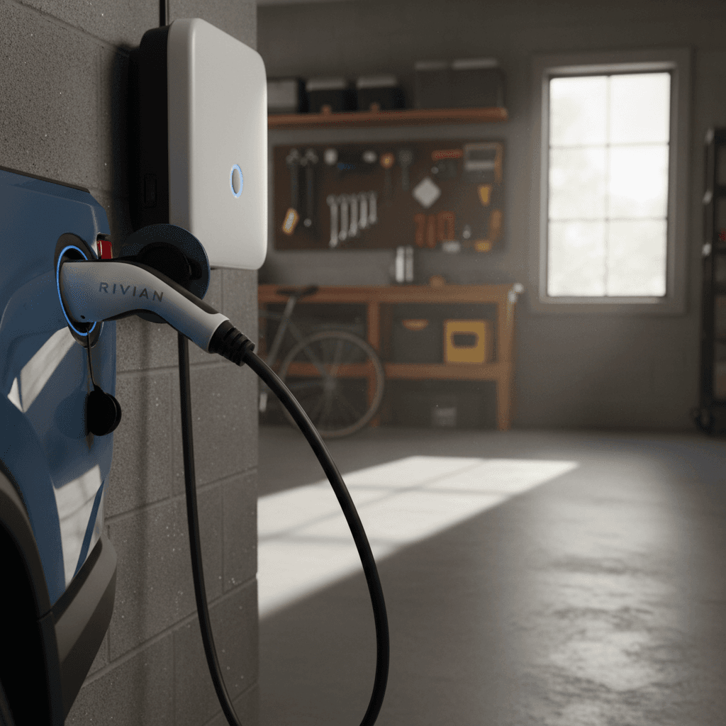 Rivian-branded Level 2 home charger plugged into a Rivian R1T in a modern residential garage