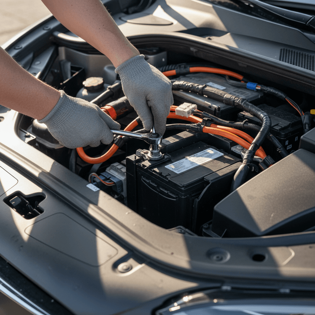 Technician accessing the Tesla Model X 12V battery compartment under the front trunk area