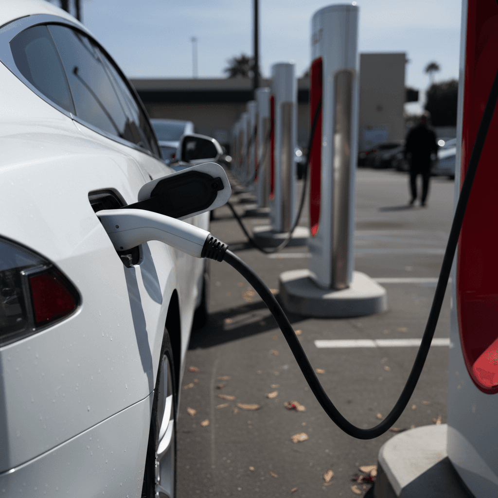 Row of Tesla Supercharger stalls at a busy Pomona, California charging site at dusk