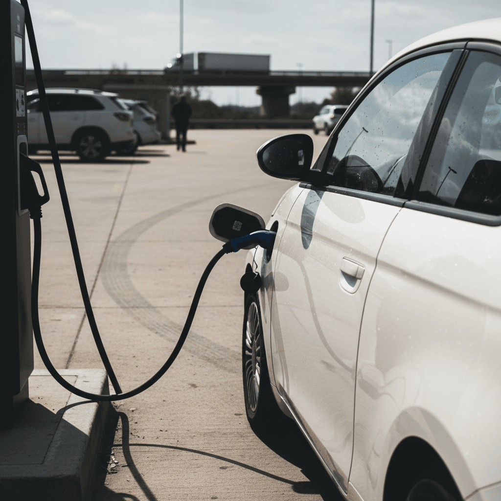 Fiat 500e charging at a DC fast charger at a highway rest stop