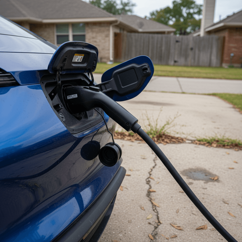 Close-up of a 2021 Porsche Taycan charging port with cable connected in a residential driveway