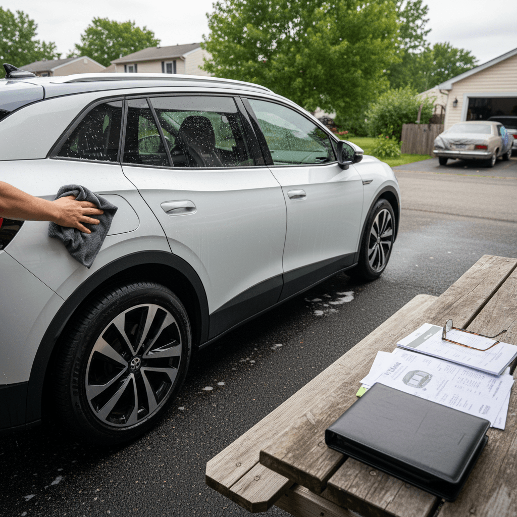 Owner washing a Volkswagen ID.4 and organizing documents before selling the electric SUV