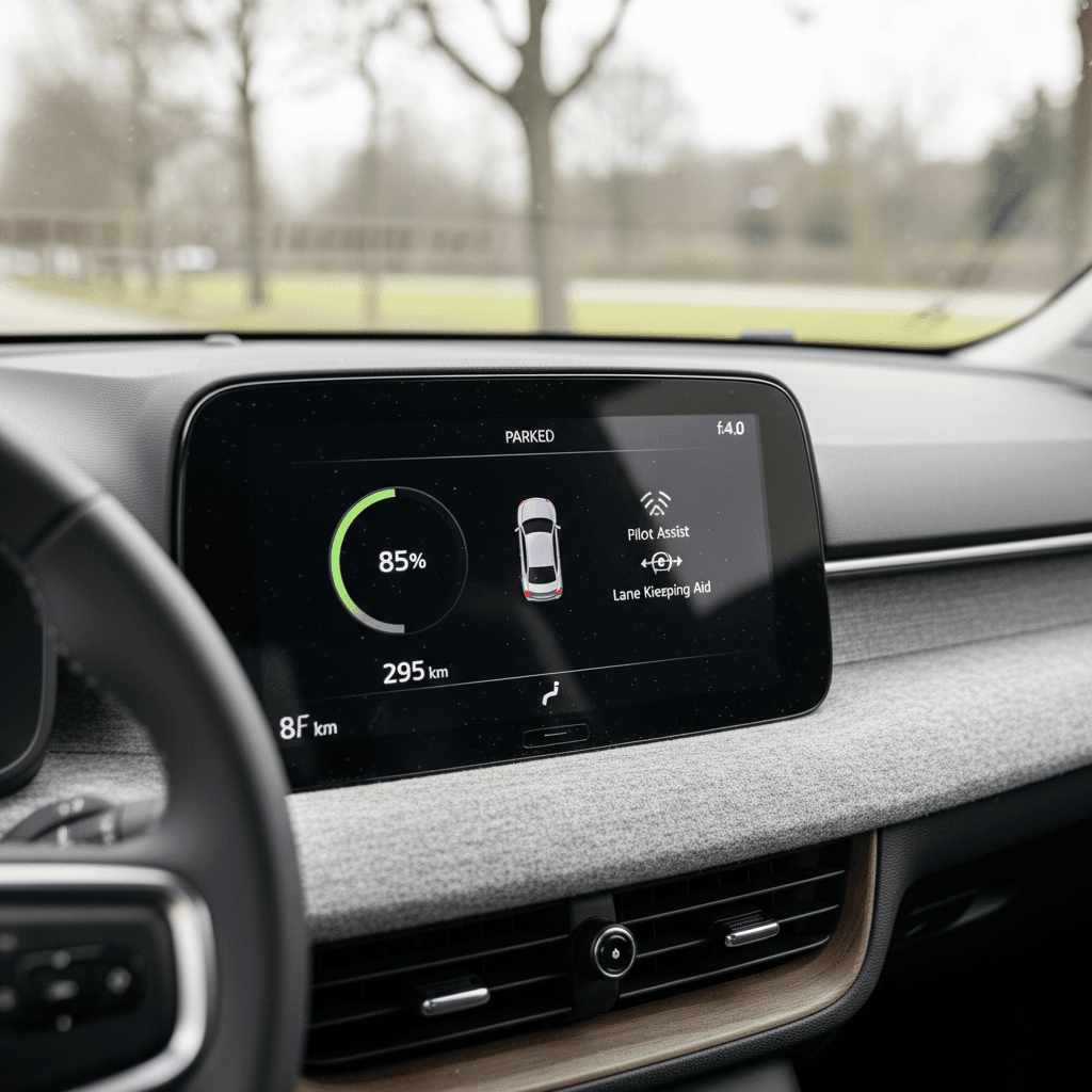 Digital driver display in a Volvo EX30 showing battery percentage, estimated range and driver-assistance indicators