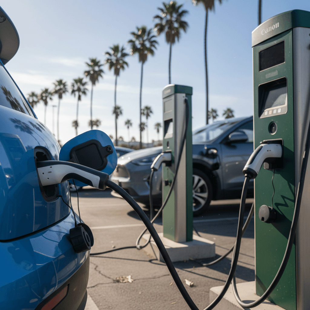 Several electric vehicles charging at Level 2 and DC fast chargers in a sunny Los Angeles parking lot lined with palm trees