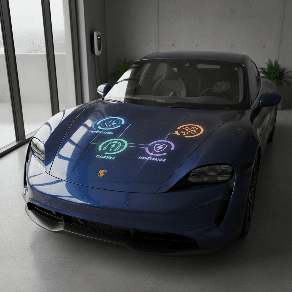 Infographic style breakdown of Porsche Taycan 5 year ownership cost including depreciation, charging, insurance and maintenance icons