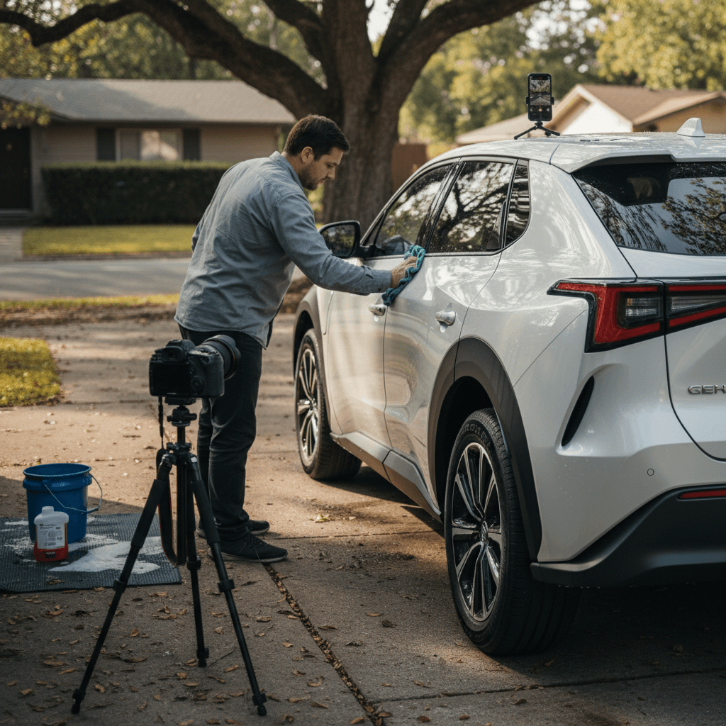 Owner cleaning and photographing a Toyota bZ4X electric SUV in a driveway before listing it for sale
