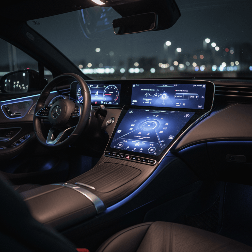 Mercedes EQS interior at night showing ambient lighting and Hyperscreen dashboard
