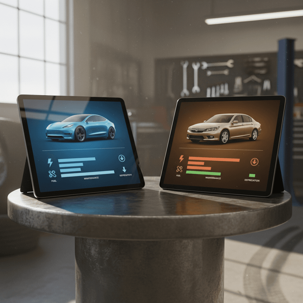 Illustrated comparison of Tesla Model 3 and Honda Accord ownership cost categories including fuel, maintenance, and depreciation over five years