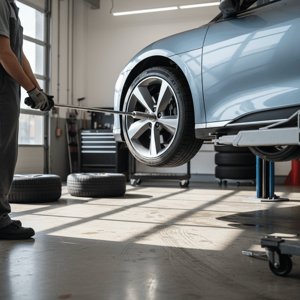 Technician rotating tires on a Lucid Air in a clean, modern EV service bay