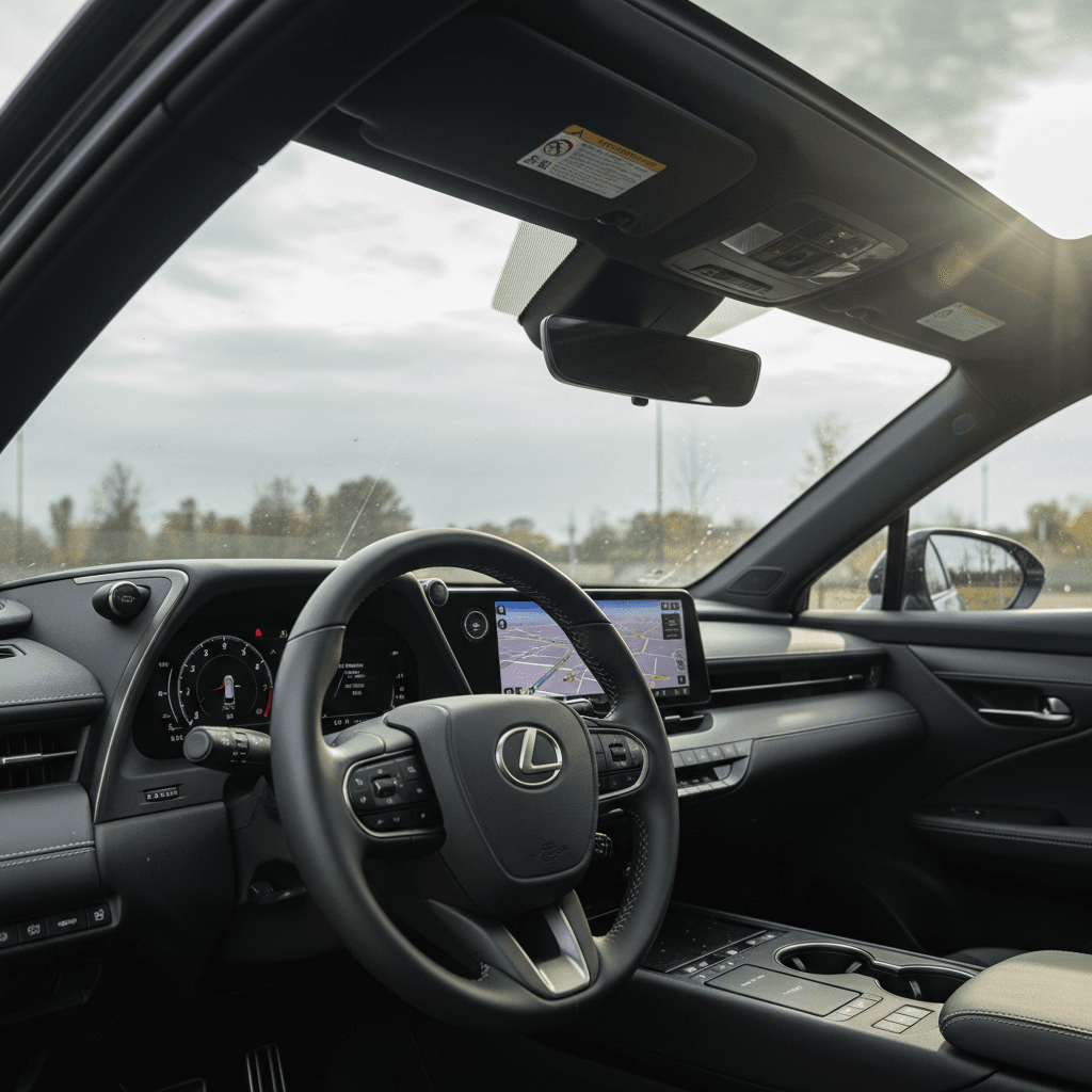 Driver view inside a Lexus RZ 450e showing steering wheel, large center touchscreen, and panoramic glass roof.