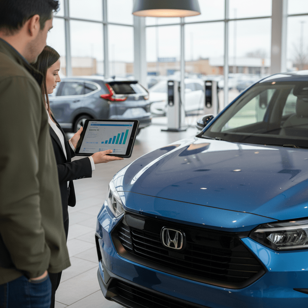 Salesperson and owner reviewing a Honda Prologue EV trade‑in appraisal on a tablet at a dealership lot
