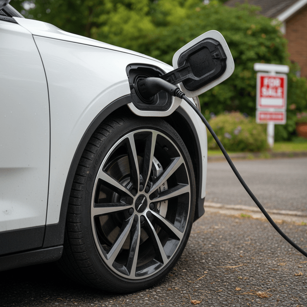 Close-up of a 2025 Polestar 2 being charged in a driveway, prepared for sale