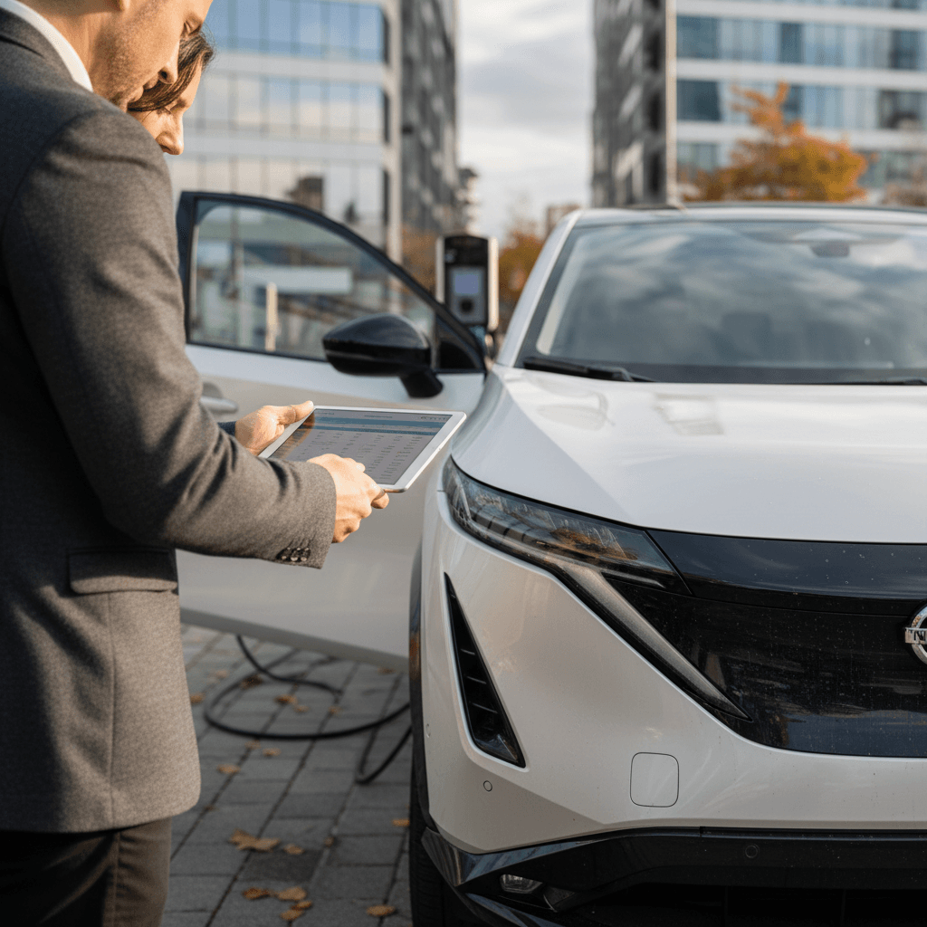 Insurance agent showing a Nissan Ariya owner a breakdown of monthly costs on a tablet beside the parked EV