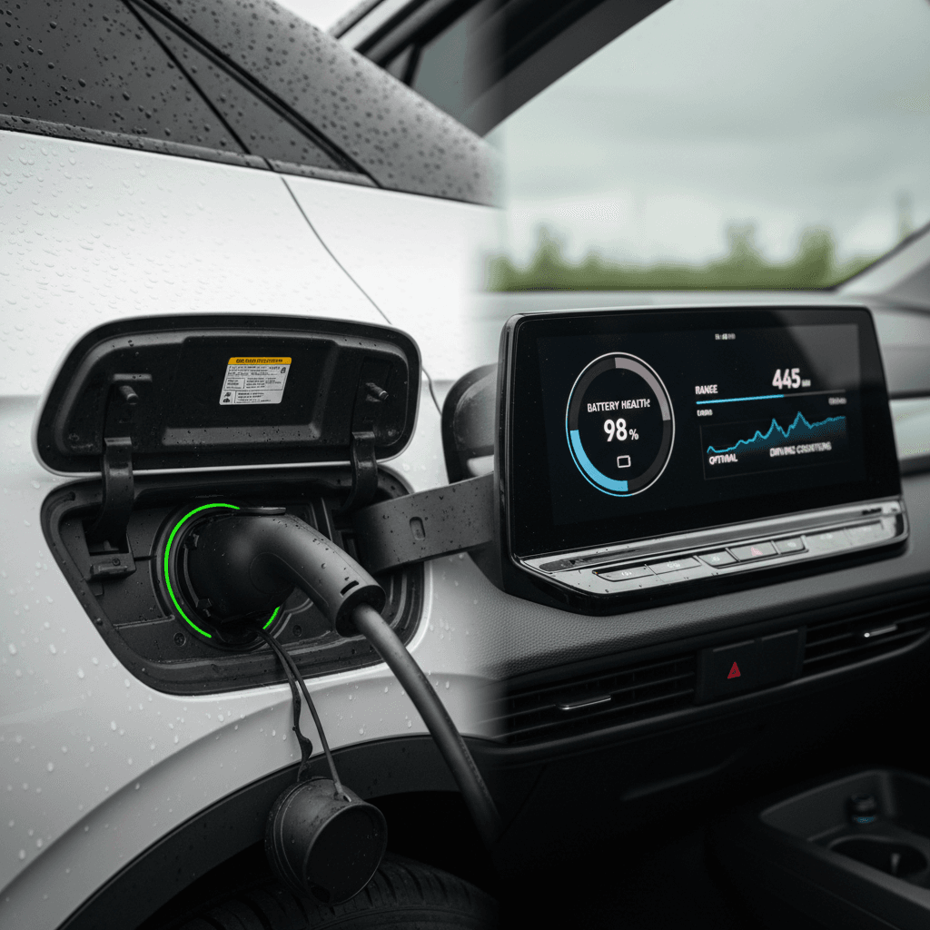 A Volkswagen ID.4 plugged into a home charger, with its digital display showing battery percentage and estimated range.