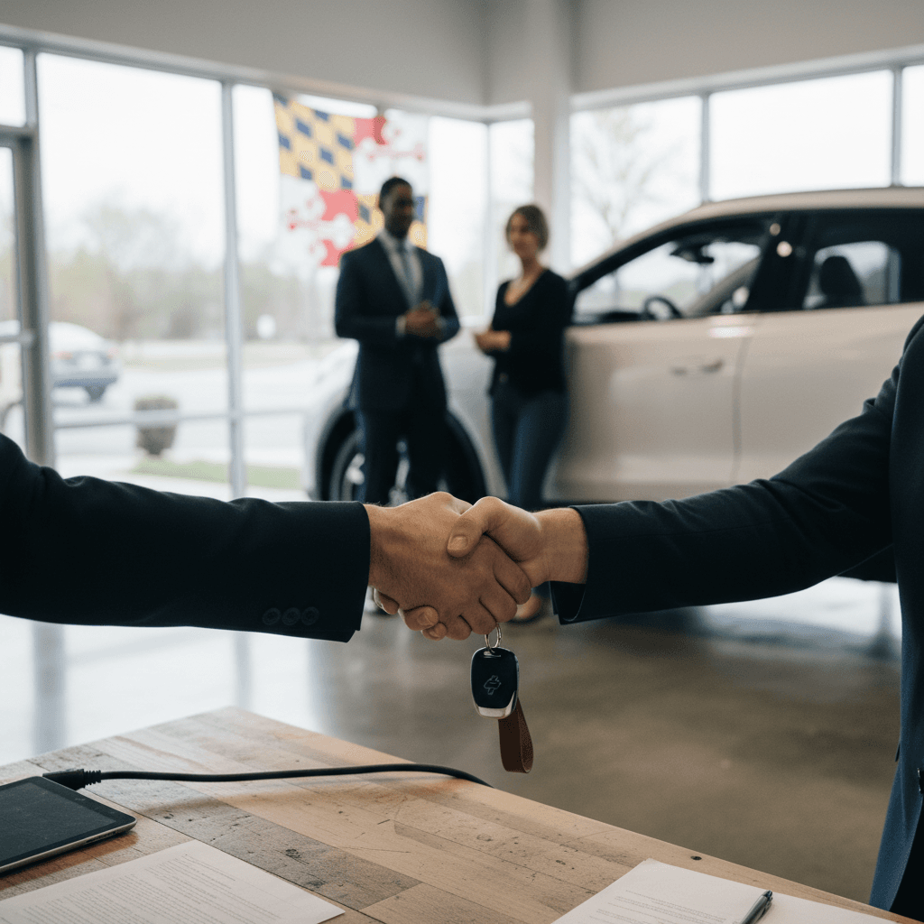 Customer in Maryland handing over keys at a dealership while selling their used car