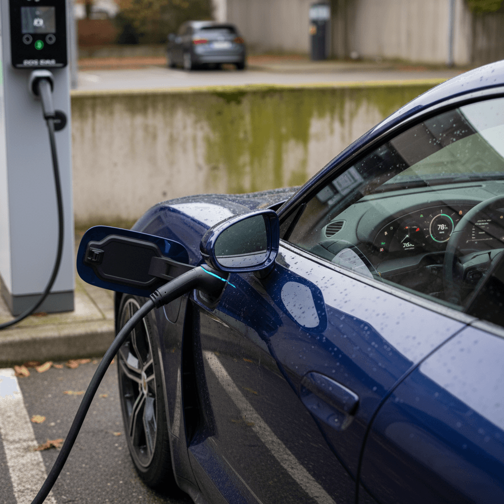 Porsche Taycan plugged into a DC fast charger showing remaining range on the driver display
