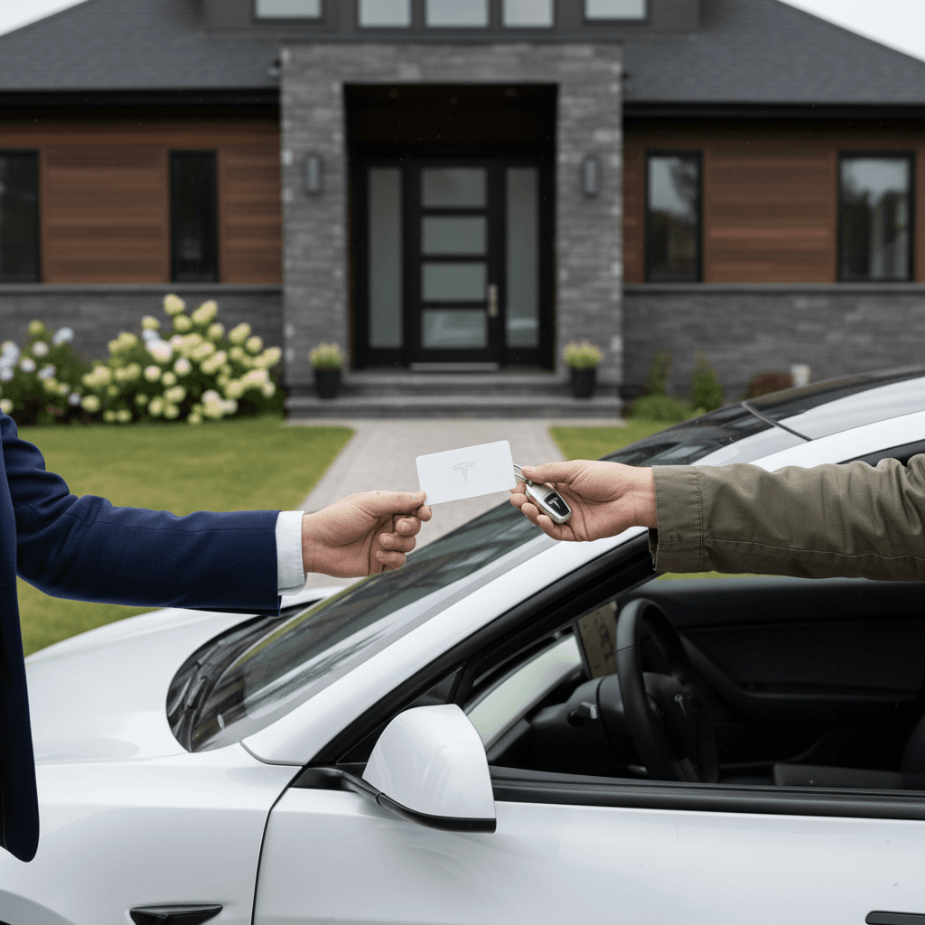 Happy buyer receiving keys to a used Tesla Model 3 in front of a house after completing a sale