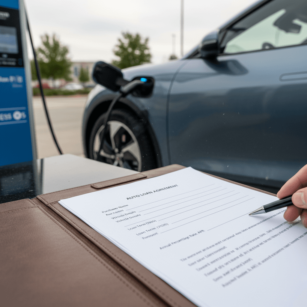 Driver reviewing used EV loan paperwork next to an electric car plugged into a home charger