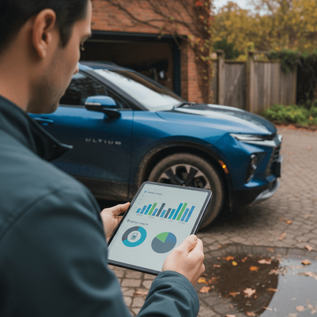 Chevrolet Blazer EV owner reviewing a professional battery health and resale value report on a tablet beside the SUV