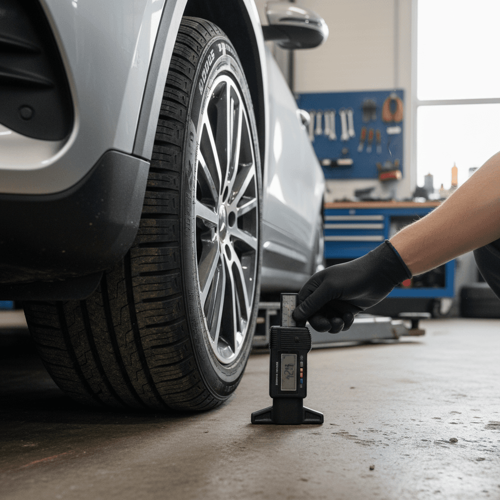 Mechanic checking tread depth on a Mercedes EQB tire before recommending replacement