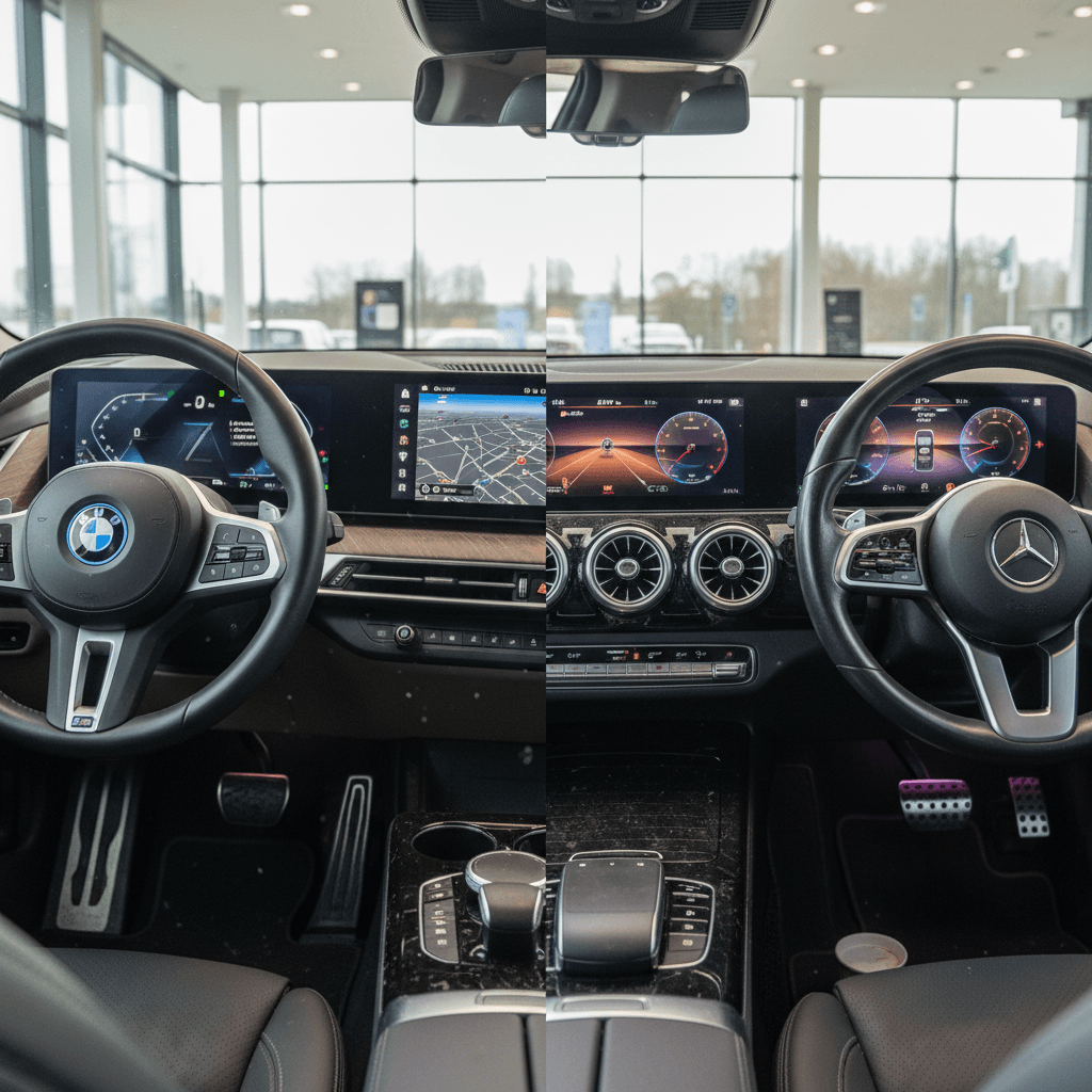 Cabins of a used Cadillac Lyriq and Audi Q4 e-tron, showing digital dashboards, ambient lighting, and front seats