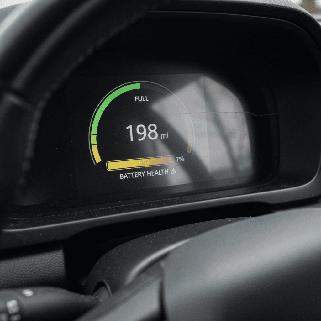 Electric vehicle dashboard showing battery state of charge and estimated remaining range
