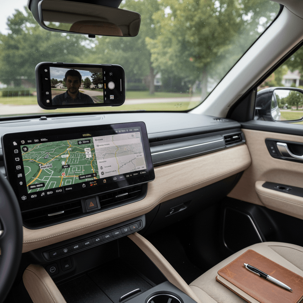 Owner detailing the exterior of a Rivian R1S in a driveway, preparing the SUV for sale photos