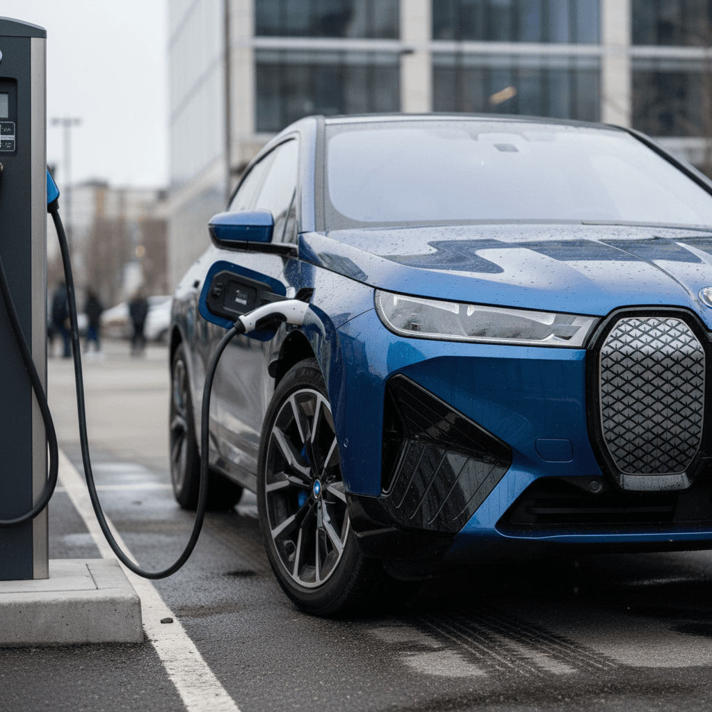 2025 BMW iX parked at a public charging station, emphasizing its size and modern design