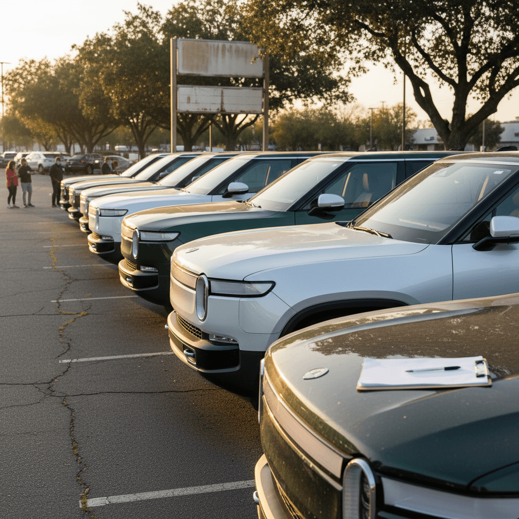 Row of used Rivian R1S SUVs parked on a lot, showing variety of colors and trims