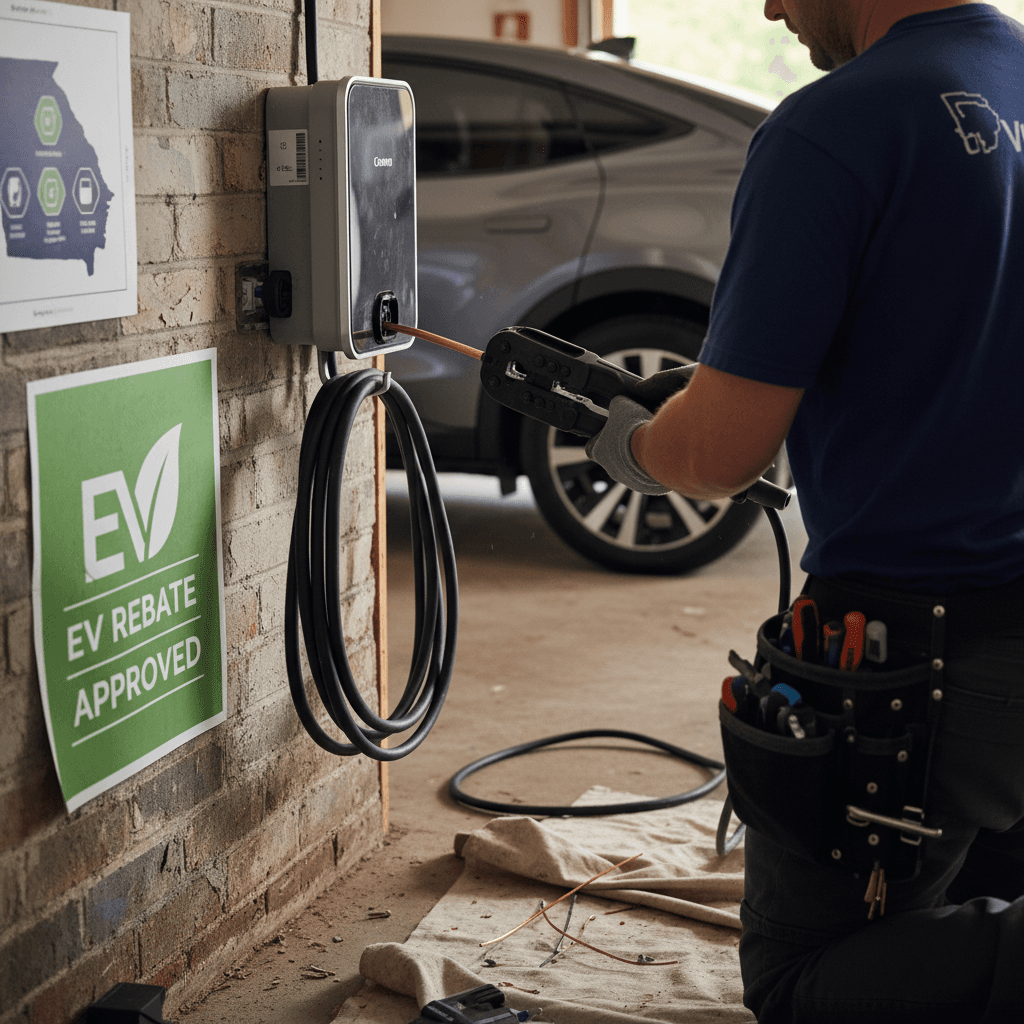 Electrician installing a Level 2 home EV charger on the wall of a suburban Atlanta garage
