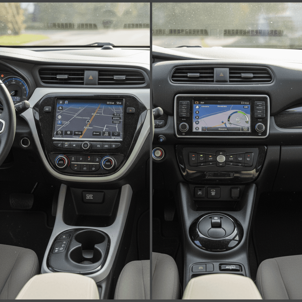 Side-by-side interior comparison of a Chevrolet Bolt EV and a Nissan Leaf, focusing on infotainment screens and controls