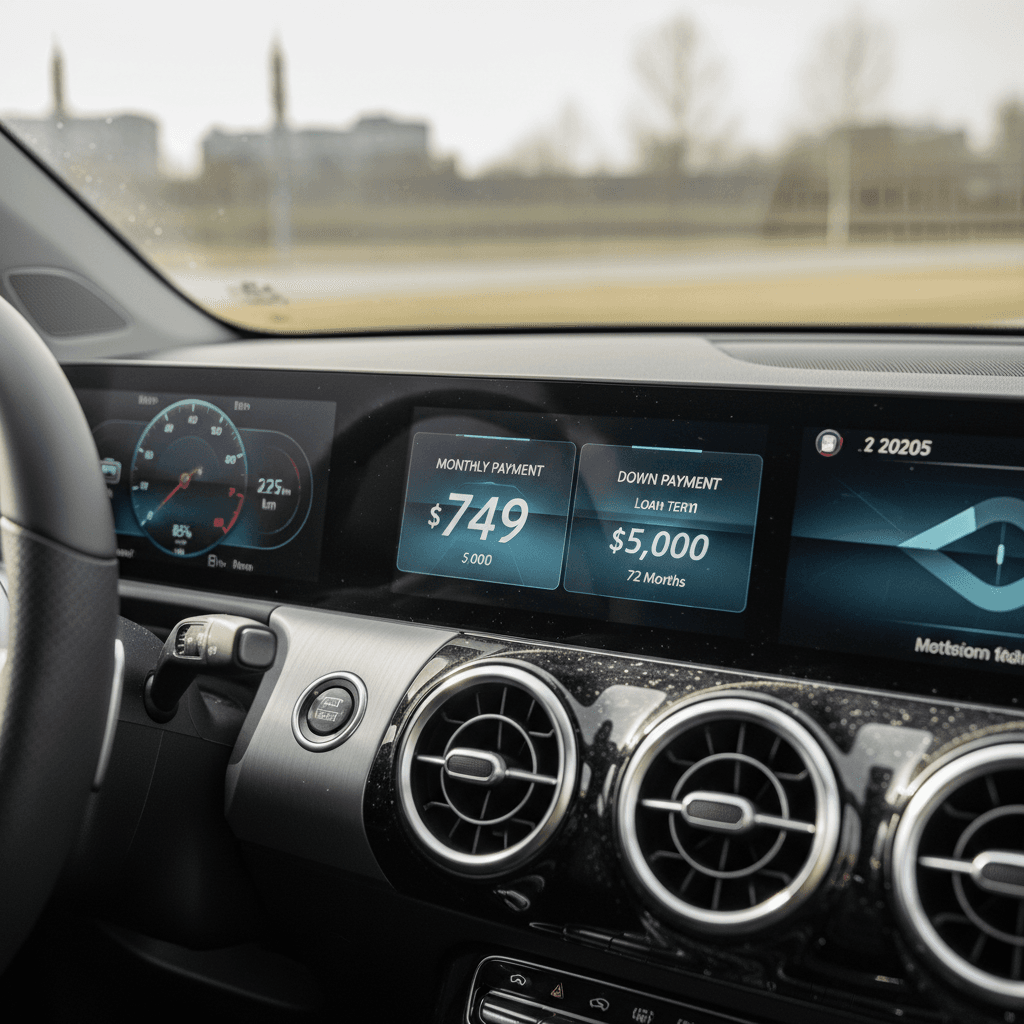 Mercedes EQB digital dashboard showing navigation and vehicle status alongside a projected monthly payment estimate