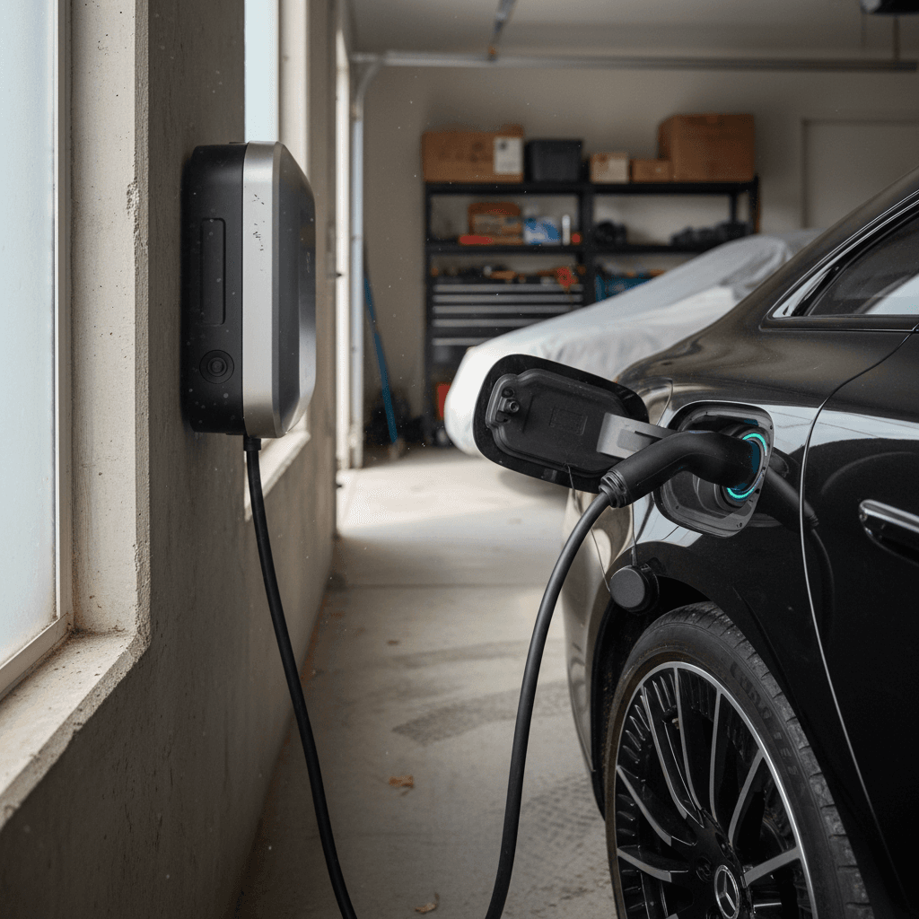 Wall mounted Level 2 home EV charger plugged into a Mercedes EQS in a clean modern garage