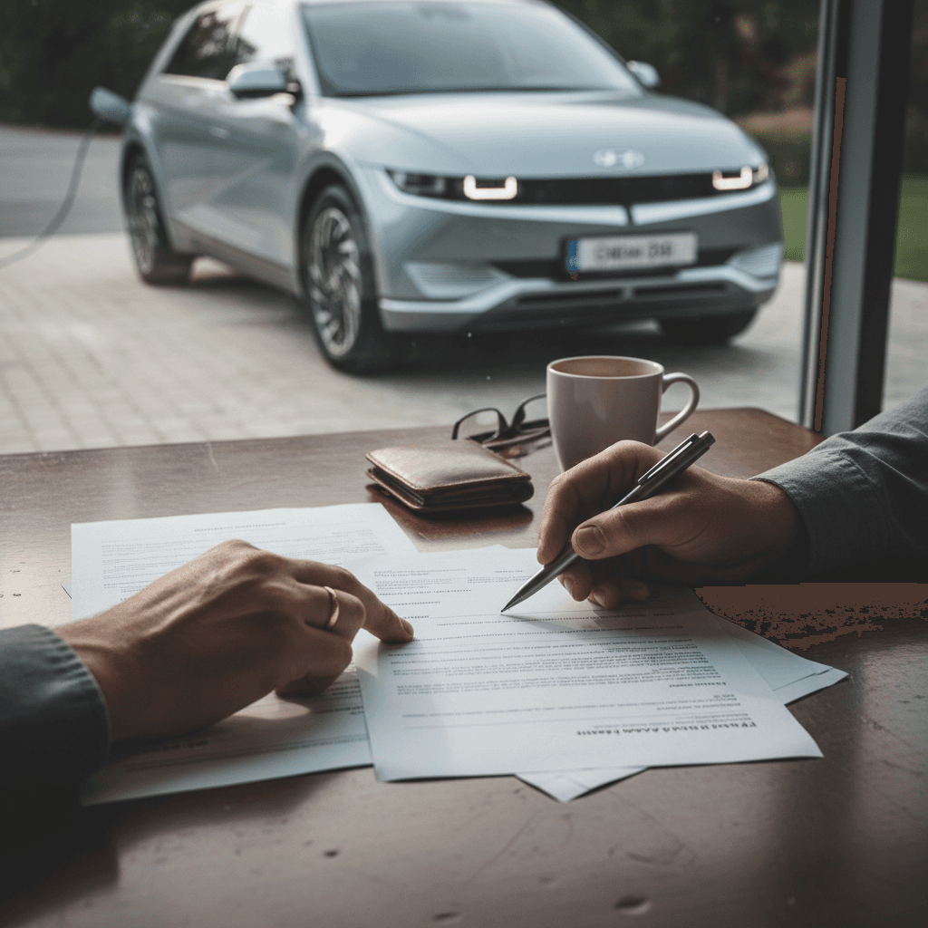 Customer reviewing financing and battery health report for a used Hyundai Ioniq 5 at a dealership desk