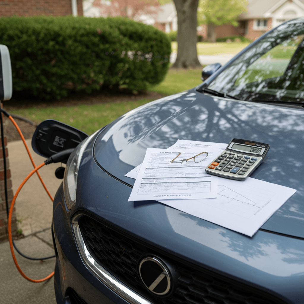 Homeowner reviewing used electric car loan paperwork while their EV charges in a residential driveway