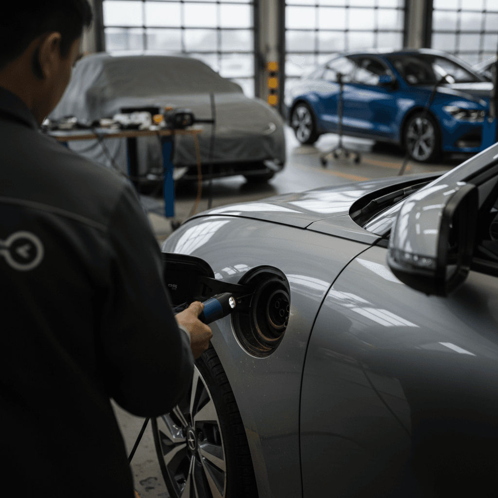 Technician examining the charge port and trim on a Hyundai Ioniq 6 in a service bay