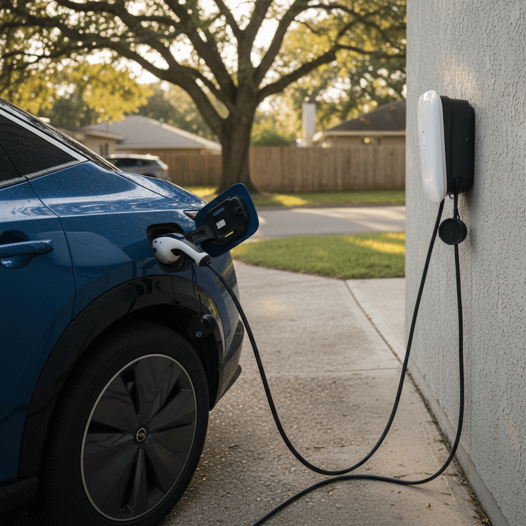 A 2023 Nissan Ariya charging at a Level 2 home charger in a suburban driveway
