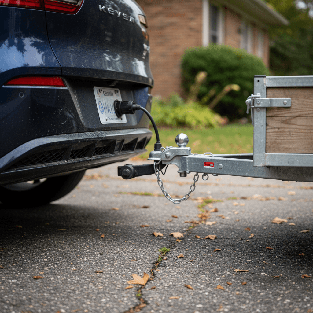 Genesis GV60 hitched to a compact camping trailer in a driveway, illustrating appropriate tow size for this electric SUV