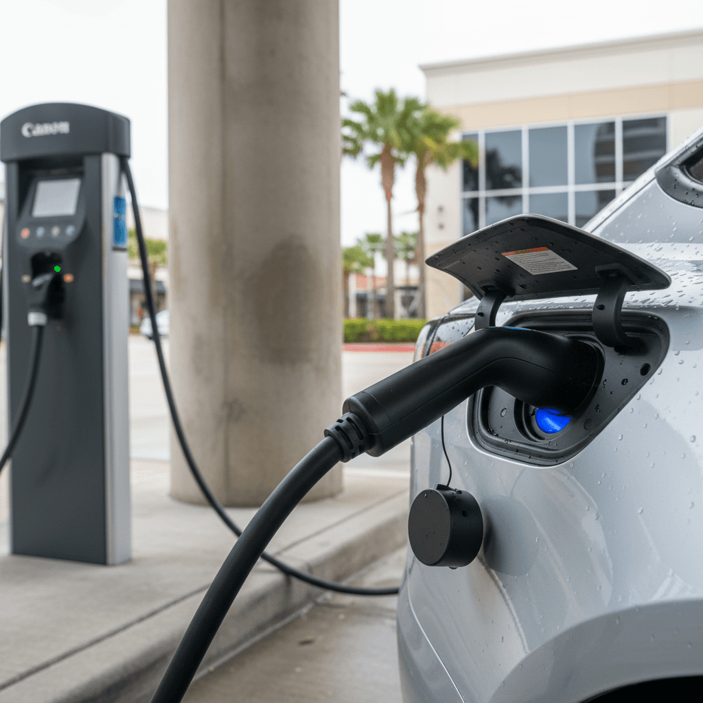 Electric car plugged into a DC fast charger at an outdoor shopping center in Orlando, Florida