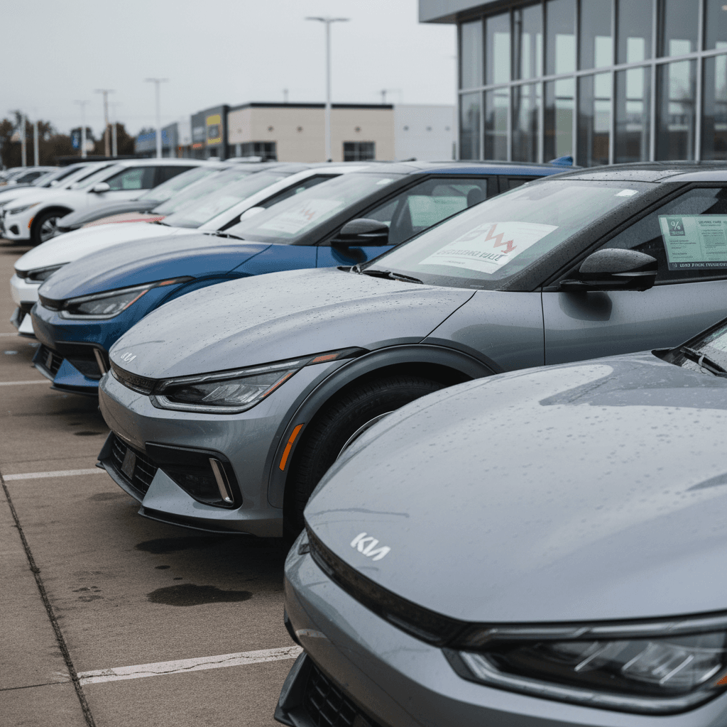 Row of Kia EV6 crossovers parked on a dealership lot with window stickers