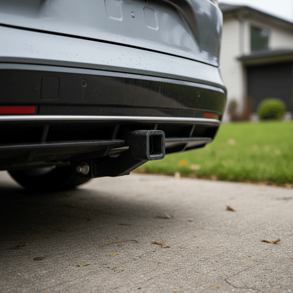 Aftermarket 2-inch receiver hitch mounted under the rear bumper of a Lucid Air sedan