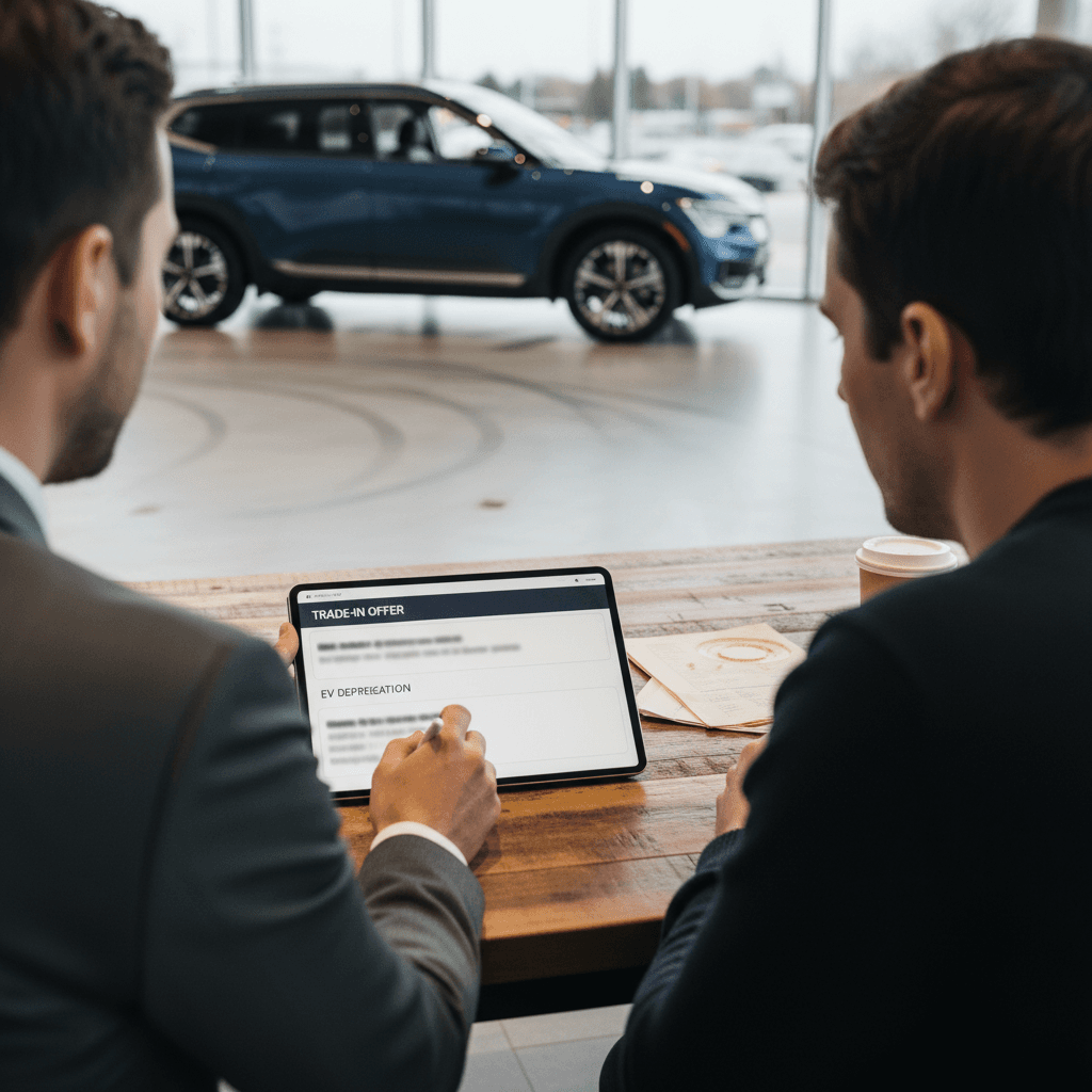 Owner reviewing a Kia EV9 trade-in appraisal with a salesperson on a tablet in a dealership showroom