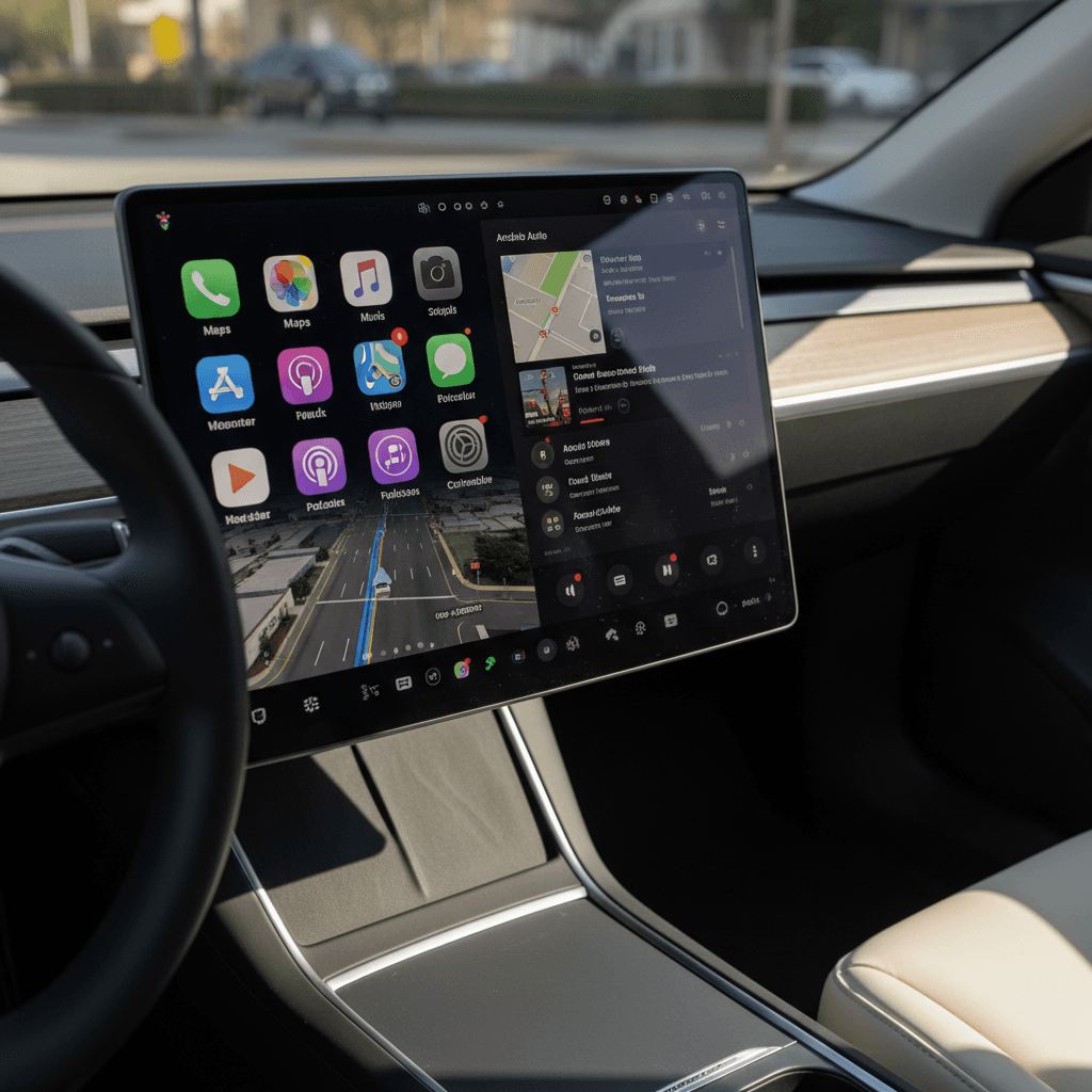 EV infotainment screen showing navigation, charging status and media controls on a central touchscreen