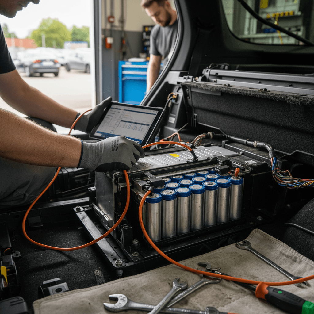 Technician performing diagnostic test on a hybrid car battery pack in a service bay