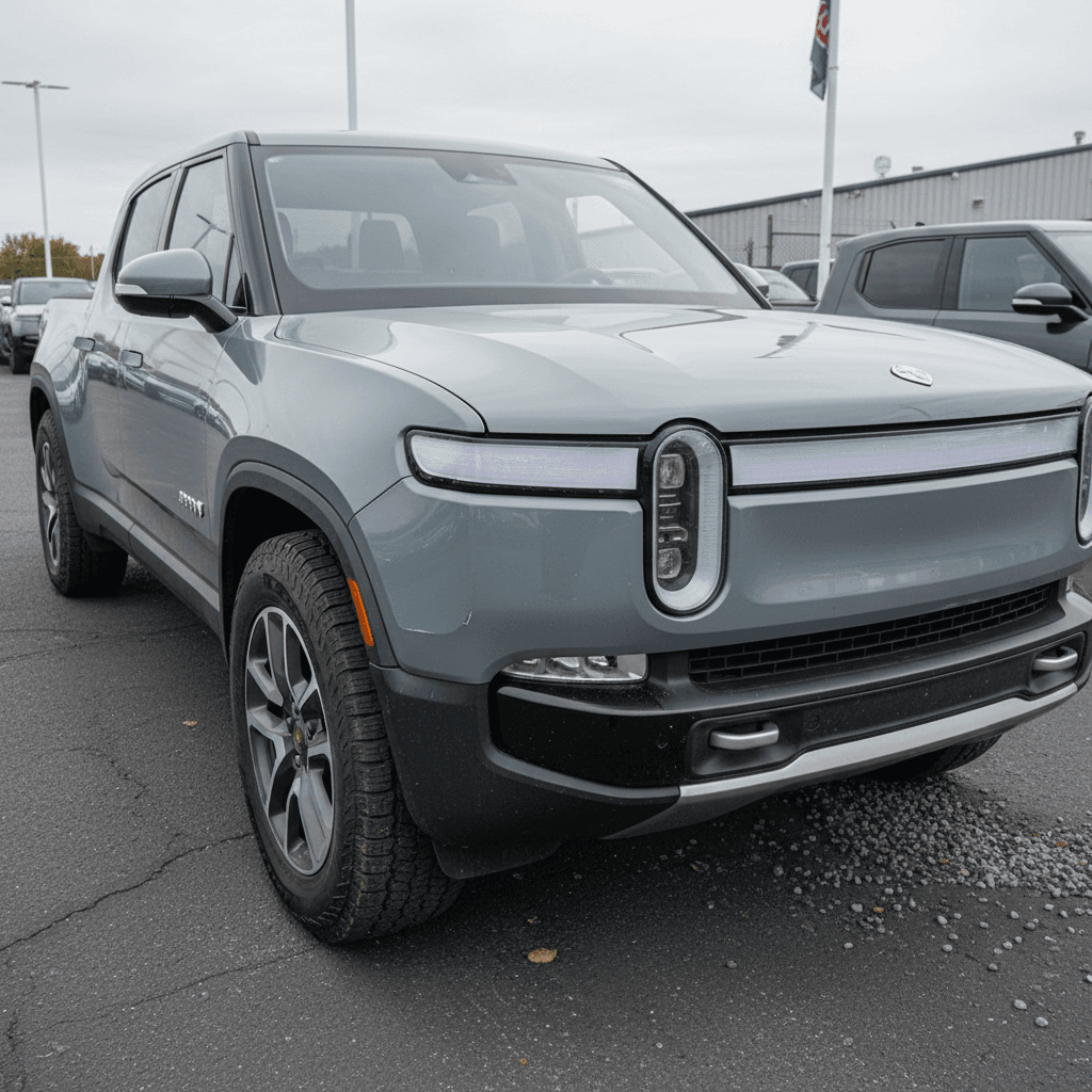 Used 2025 Rivian R1T electric pickup truck parked on a dealer lot, plugged into a fast charger