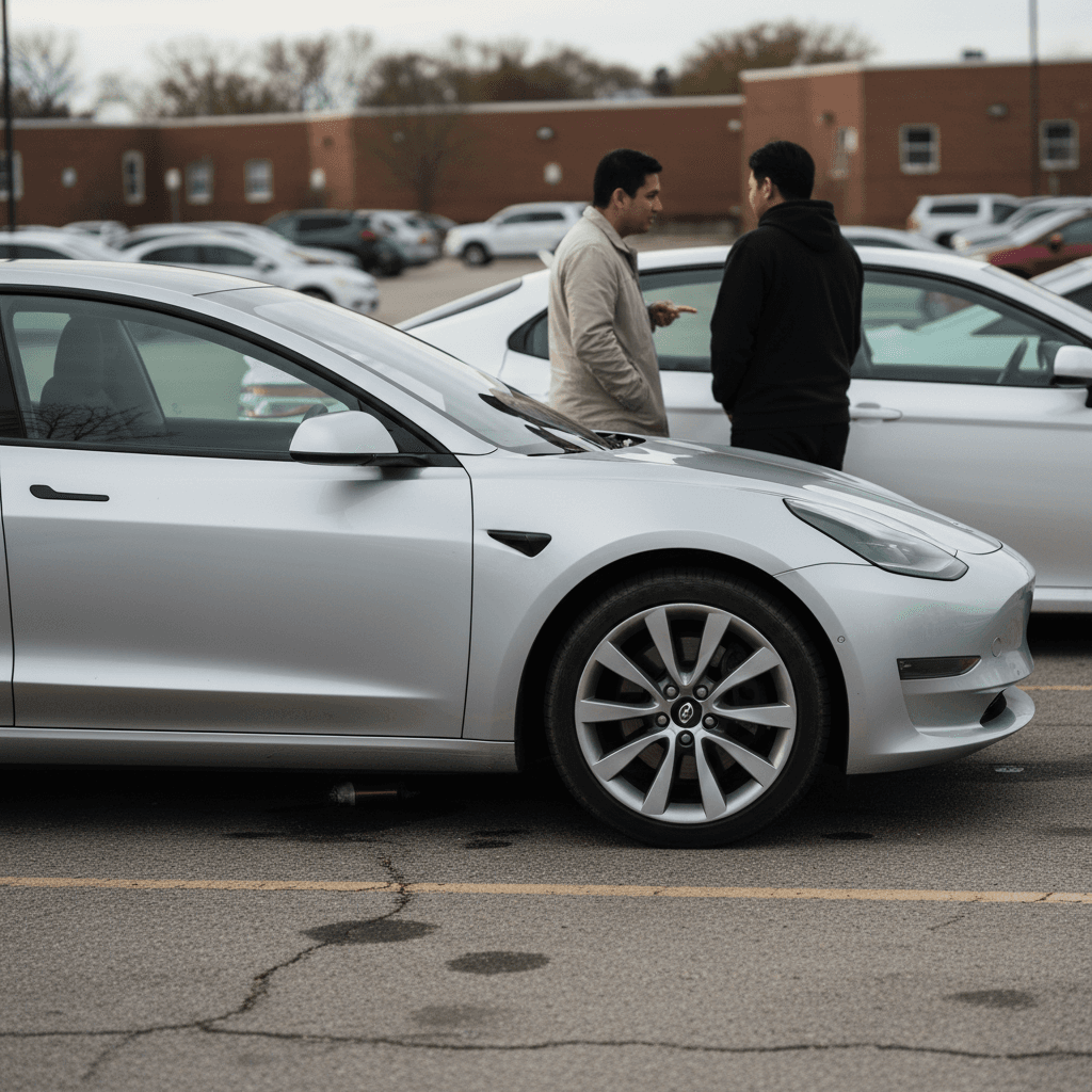 Tesla Model 3 and Toyota Camry parked side by side in a lot, highlighting styling and size differences