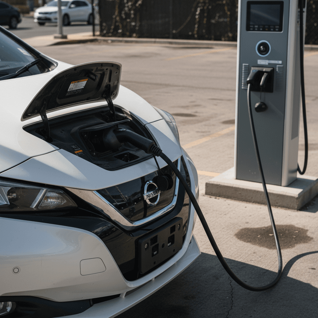 2023 Nissan Leaf SV Plus charging at a CHAdeMO fast charger in an urban parking lot